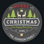Rentier Tree Christmas mit Chalkboard Runder Aufkleber<br><div class="desc">Rentier Tree Christmas mit Chalkboard Sticker</div>