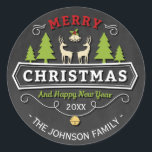Rentier Tree Christmas mit Chalkboard Runder Aufkleber<br><div class="desc">Rentier Tree Christmas mit Chalkboard Sticker</div>
