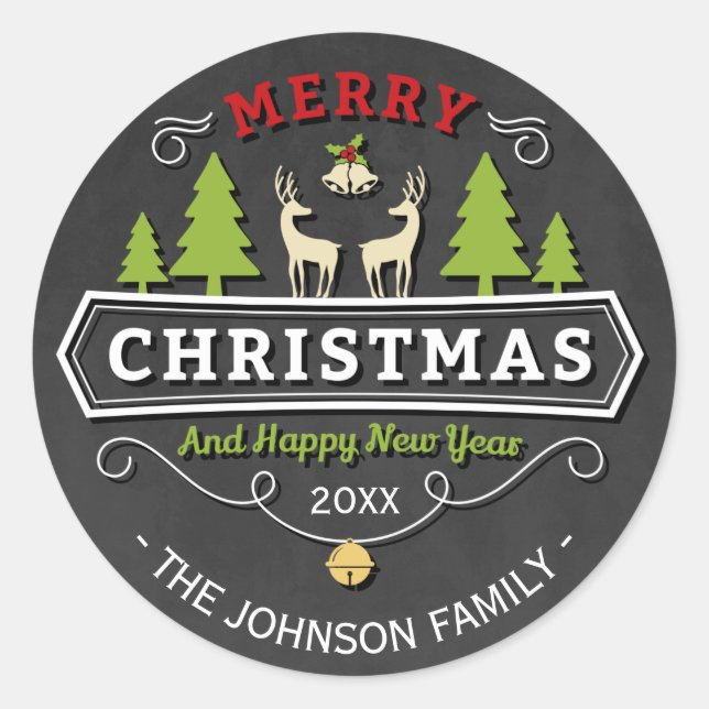 Rentier Tree Christmas mit Chalkboard Runder Aufkleber (Vorderseite)