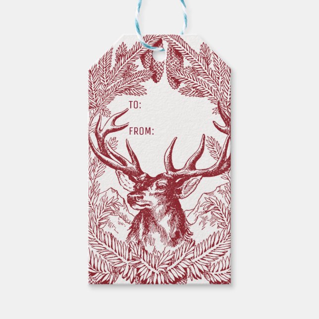 Rentier und Pine Boughs Rustikale Weihnachten Geschenkanhänger (Vorderseite)