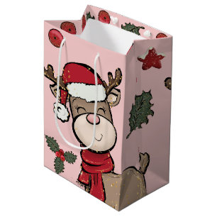 Rentier und Red Berry Pastel Pink Mittlere Geschen Geschenktüte