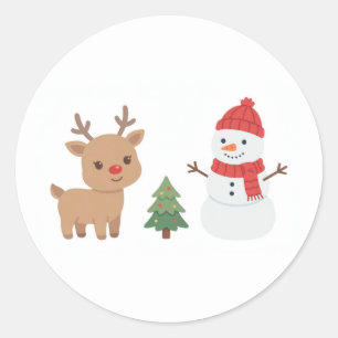 Rentier und Schneemann Weihnachtsfreunde Runder Aufkleber
