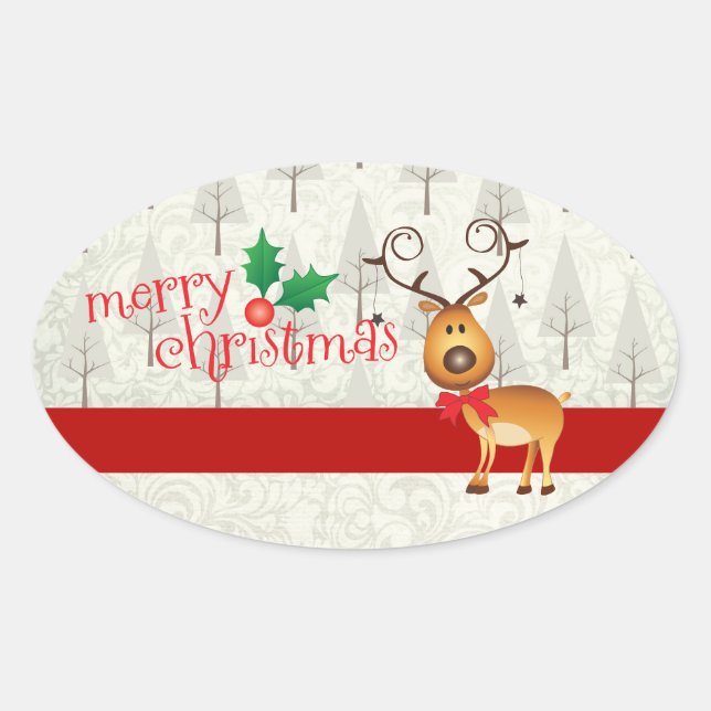 Rentier und Weihnachtsaufkleber Ovaler Aufkleber (Vorderseite)