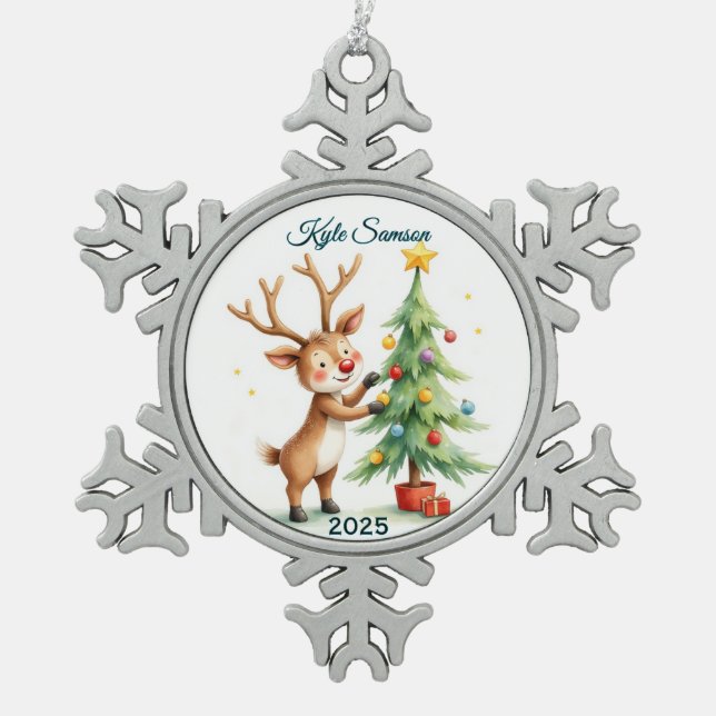 Rentier und Weihnachtsbaum für Single Schneeflocken Zinn-Ornament (Vorderseite)