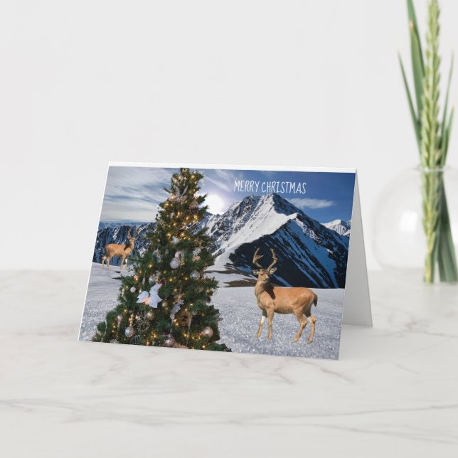 Rentier und Weihnachtsbaumkarte Feiertagskarte (Vorderseite)