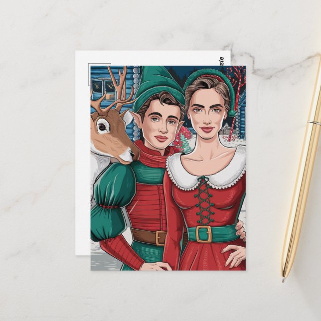 Rentier und zwei Elfen Postkarte (Vorderseite/Rückseite Beispiel)