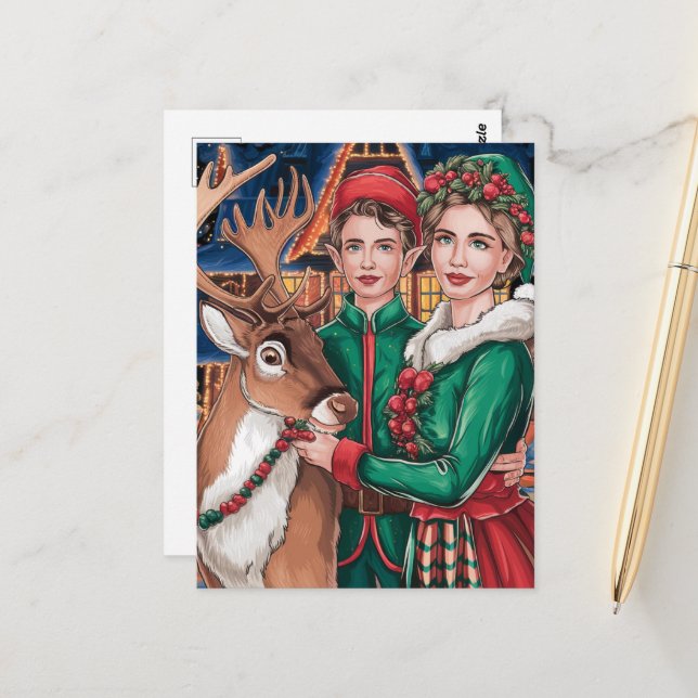 Rentier und zwei Helfer des Weihnachtsmanns Postkarte (Vorderseite/Rückseite Beispiel)