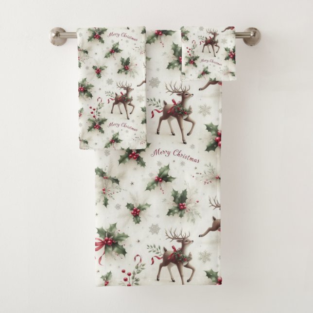 Rentier, Weihnachts-Holly und Schneeflocken Badhandtuch Set (Insitu)