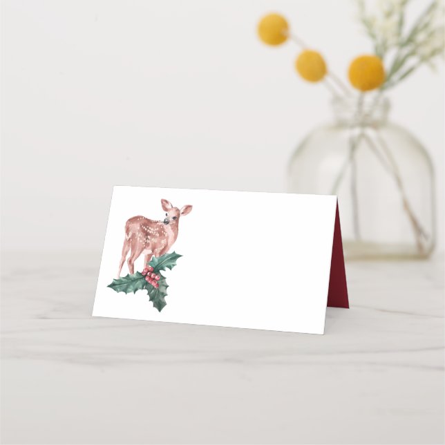 Rentier Weihnachts Winter Red Wedding Deer Floral Platzkarte (Vorderseite)