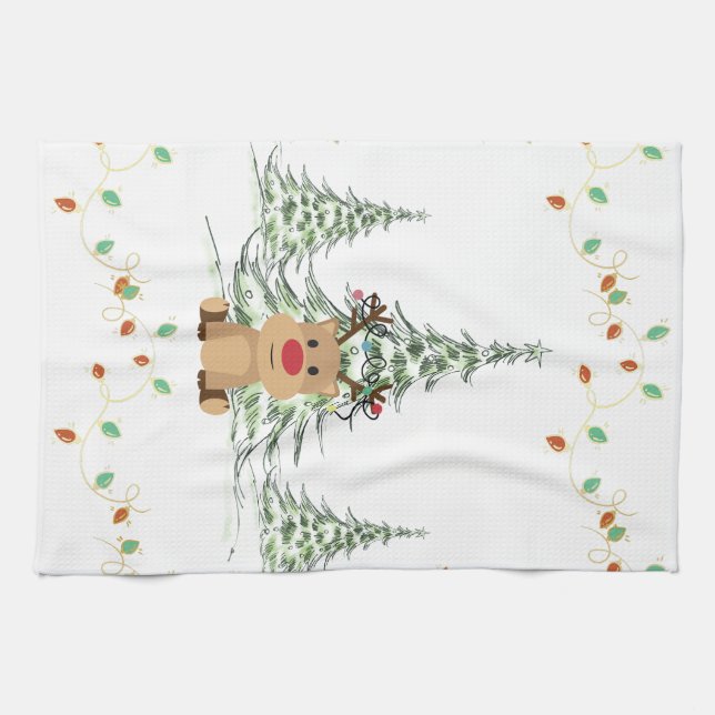 Rentier Weihnachtsleuchten Winterbaumen Geschirrtuch (Horizontal)