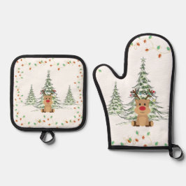 Rentier Weihnachtsleuchten Winterbaumen Ofenhandschuh & Topflappen-Set