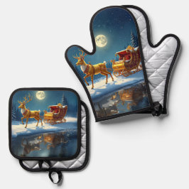 Rentier-Weihnachtsschlitten Ofenhandschuh & Topflappen-Set