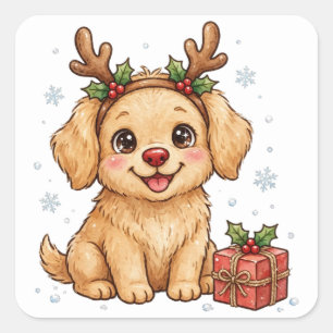 Rentier-Welpen-Weihnachts-Hund-Aufkleber Quadratischer Aufkleber