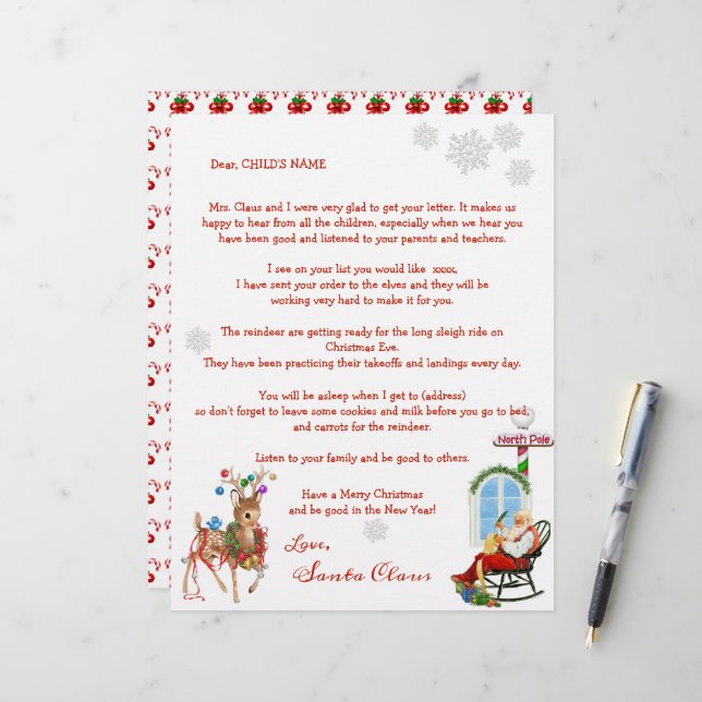 Rentierbrief des Weihnachtsmanns an Ihr Kind (Vorderseite/Rückseite Beispiel)