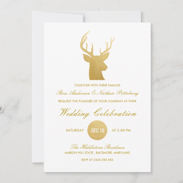 Rentiere Antler Imitats Goldfolie| Winterhochzeit Einladung (Vorderseite)