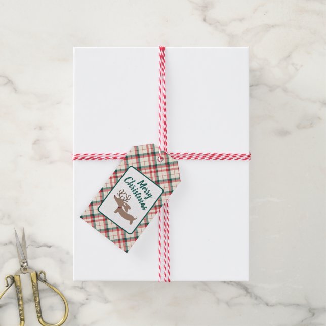 Rentiere Dackel Weihnachten Preppy Karierte Gesche Geschenkanhänger (Mit Garn)