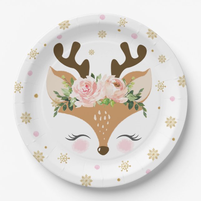 Rentiere Floral Schneeflocken Weihnachten Geburtst Pappteller (Vorderseite)