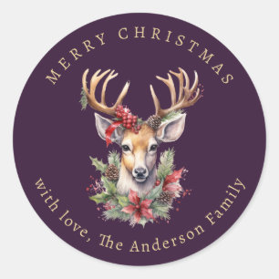 Rentiere-Holly-Beeren-Wasserfarbe-Lila-Weihnachten Runder Aufkleber