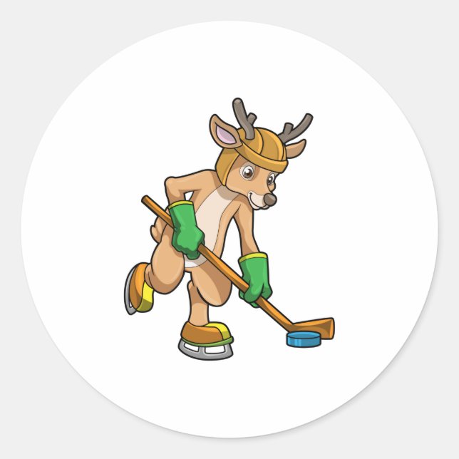 Rentiere im Eishockey mit Hockeystick Runder Aufkleber (Vorderseite)