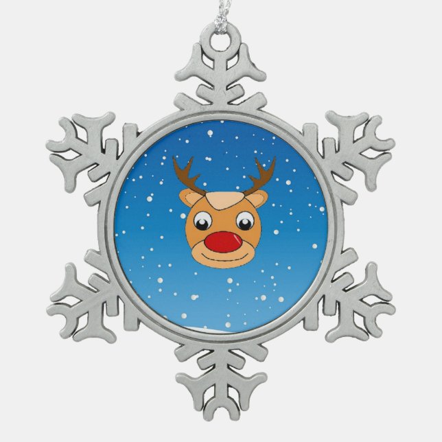 Rentiere lächeln auf blau schneeflocken Zinn-Ornament (Vorderseite)