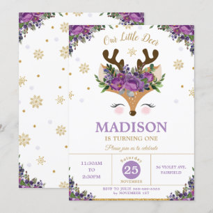 Rentiere Lila Schneeflocken Geburtstagsparty Einladung