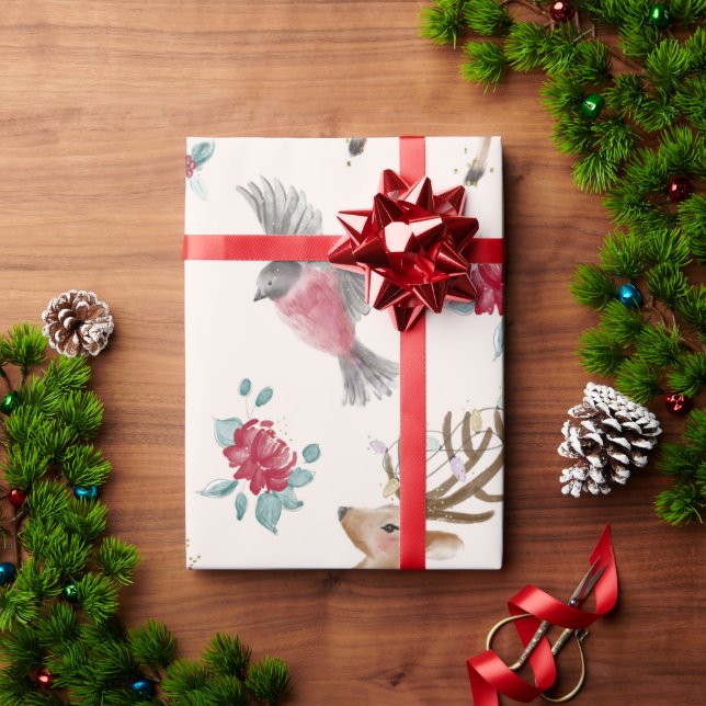 Rentiere, Vögel, Blume Geschenkpapier (Feiertagsgeschenk)