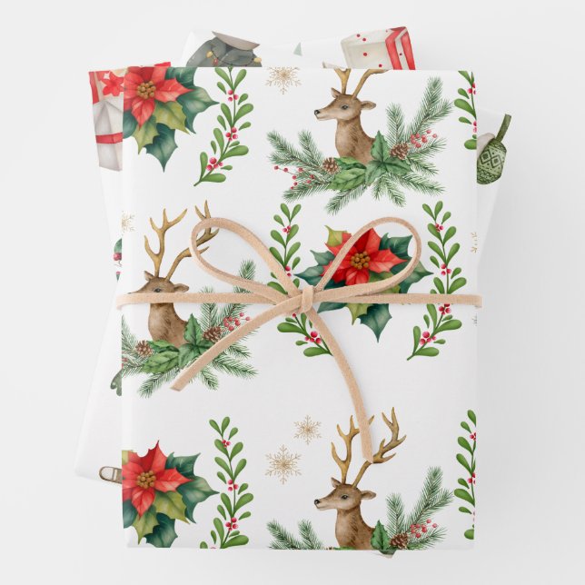 Rentiere Weihnachten und Rote Poinsettia Geschenkpapier Set (Beispiel)