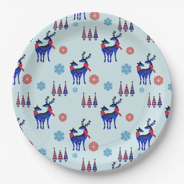 Rentiere, Weihnachtsbäume und Schneeflocken-Muster Pappteller (Vorderseite)