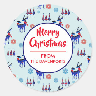 Rentiere, Weihnachtsbäume und Schneeflocken-Muster Runder Aufkleber
