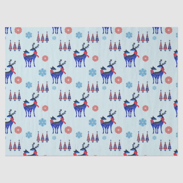 Rentiere, Weihnachtsbäume und Schneeflocken-Muster Seidenpapier (Vorderseite)