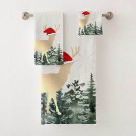 Rentiere, Weihnachtsmannmütze, Schneeflocken, Wald Badhandtuch Set