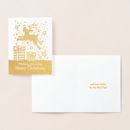 Rentierpranke über Geschenke Weihnachtsgold-Karte Folienkarte