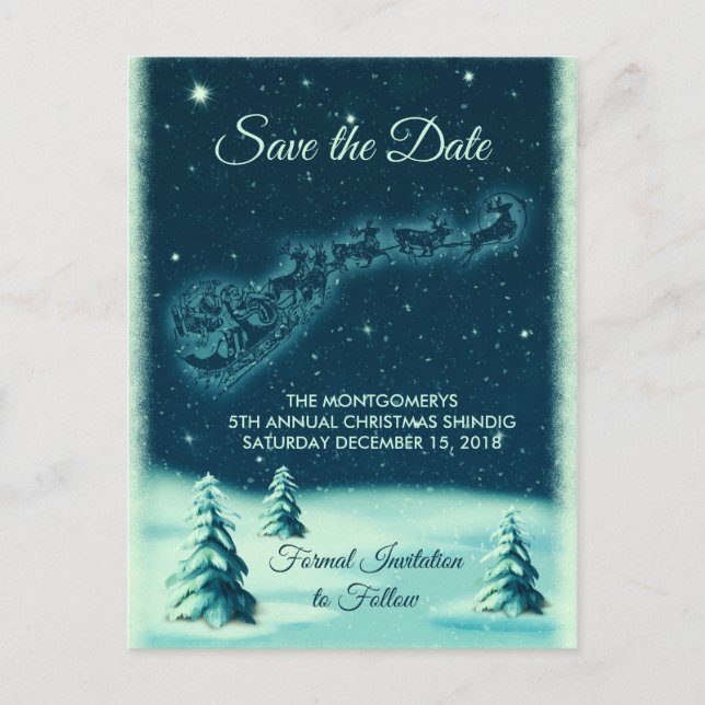 Rentiers Pulling Santa Claus Xmas Save the Date Postkarte (Vorderseite)