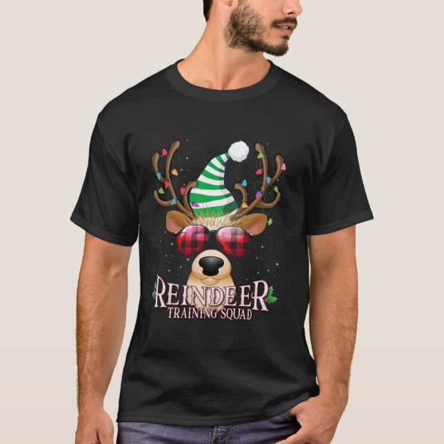 Rentiertraining Squad Familie Weihnachtsrot Karier T-Shirt (Vorderseite)