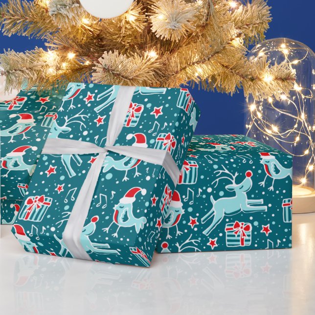 Rentiervogel aquamarine aqua-rote Weihnachtspackun Geschenkpapier (Feiertage)