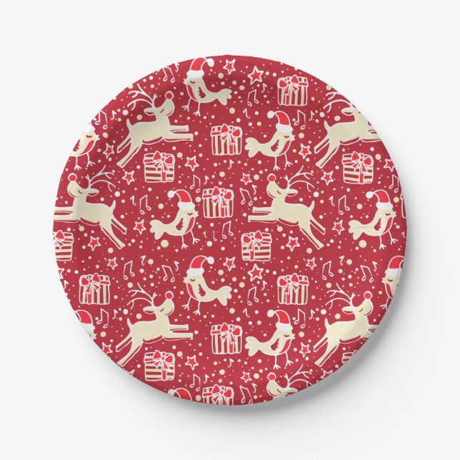Rentiervogel, gemusterter roter Papierschild Pappteller (Vorderseite)
