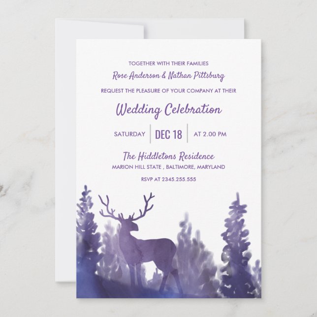 Rentierwasserfarbe Lila | Winterhochzeit Einladung (Vorderseite)