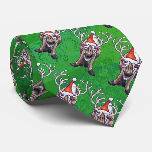Rentierweihnachtsfest auf Green Krawatte (Gerollt)