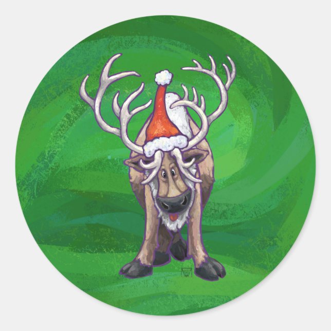 Rentierweihnachtsfest auf Green Runder Aufkleber (Vorderseite)