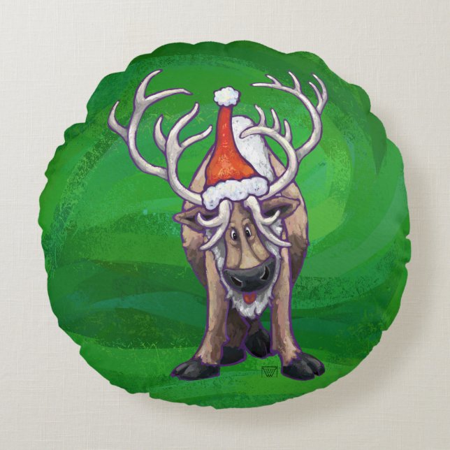 Rentierweihnachtsfest auf Green Rundes Kissen (Vorderseite)