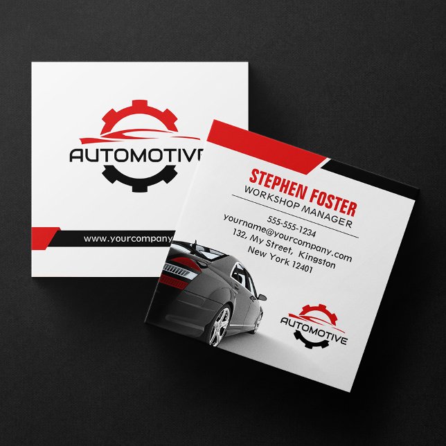 Reparatur von roten Kraftfahrzeugen Teile von Auto Quadratische Visitenkarte (Von Creator hochgeladen)