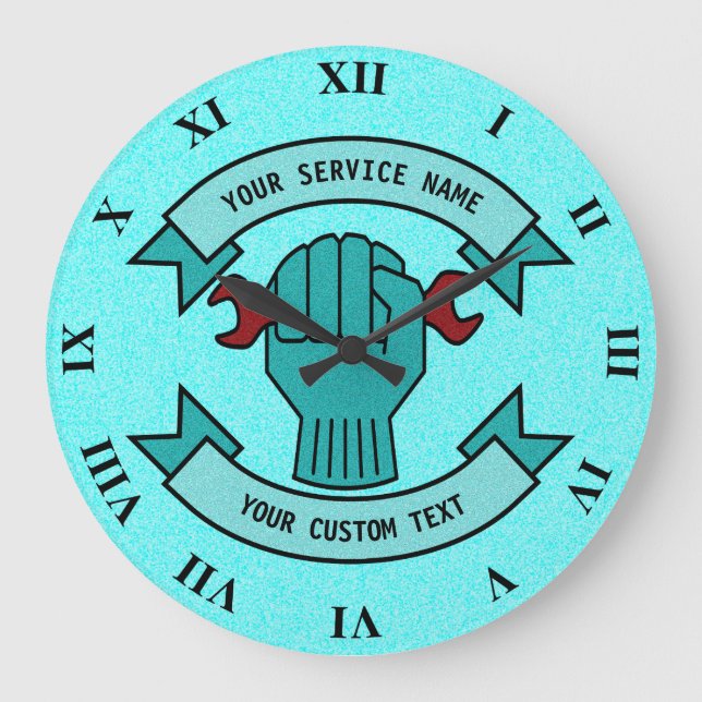 Reparaturmechaniker-Klempner mit rotem Schlüssel Große Wanduhr (Vorderseite)
