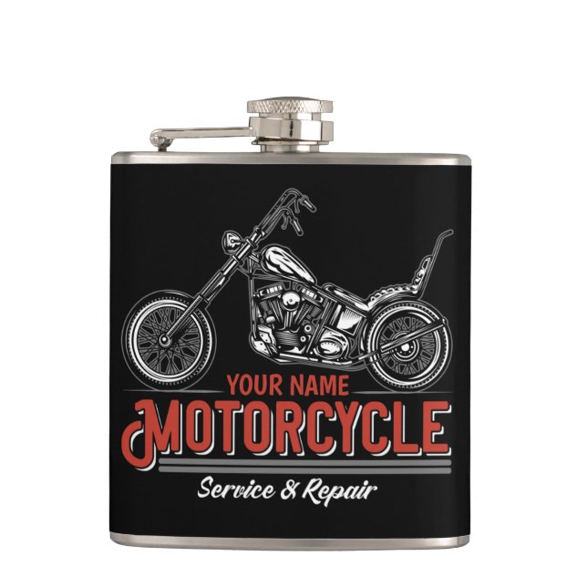 Reparaturshop für personalisierte Motorräder Flachmann (Vorderseite)