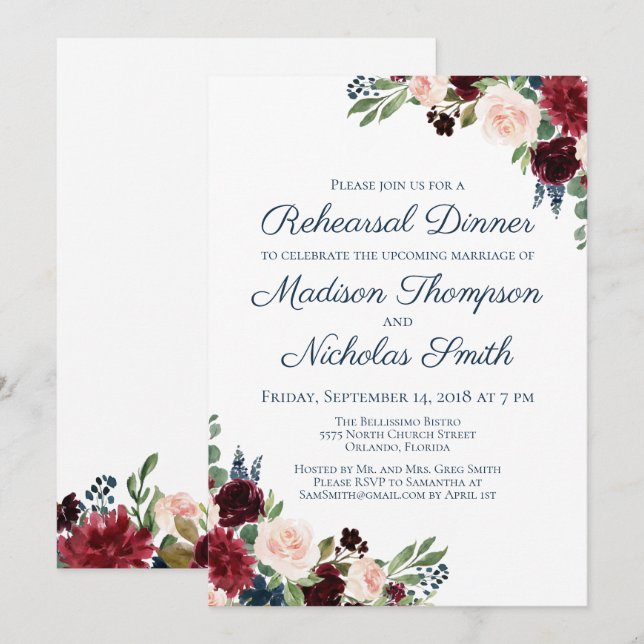 Repas Floral de la Marine Marsala Invitations (Devant / Derrière)