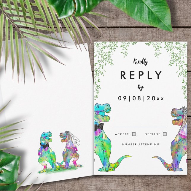 Réponse à l'invitation de mariage de dinosaure (T-Rex bride and groom colorful dinosaur wedding invitation reply RSVP card )