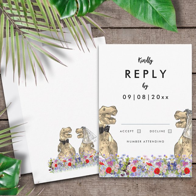 Réponse à un mariage sur le thème des dinosaures (T-Rex bride and groom fun dinosaur wedding reply enclosure card)