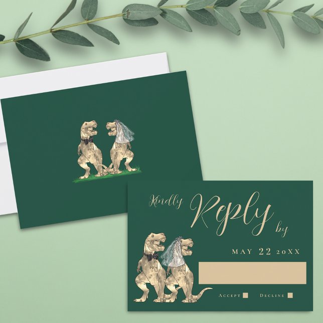 Réponse à un mariage sur le thème des dinosaures (T-Rex dino bride and groom dark green dinosaur wedding rsvp card elegant script)