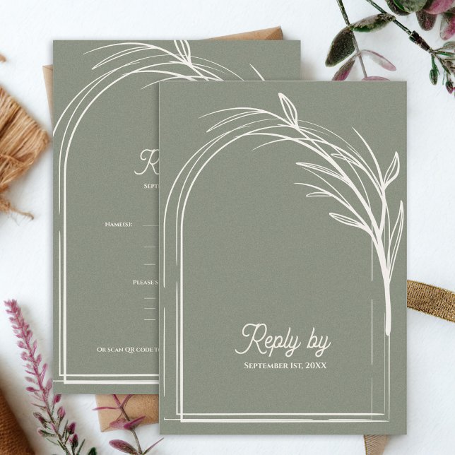 Réponse de mariage élégante vert sauge avec code Q (Sage Green Minimalist Arch Botanical Wedding RSVP Card with QR Code | Modern Wedding Reply Card)