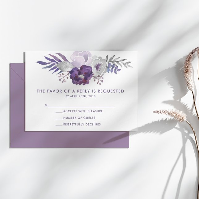 Réponse de mariage floral aquarelle violet et arge (Purple and Silver Watercolor Floral Wedding RSVP)