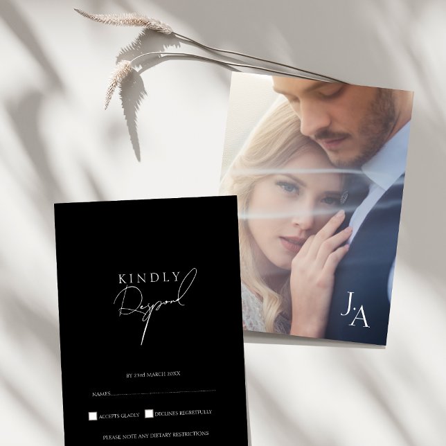 Réponse de mariage photo minimaliste noir écriture (Minimalist Black Simple Script Photo Wedding RSVP Card)
